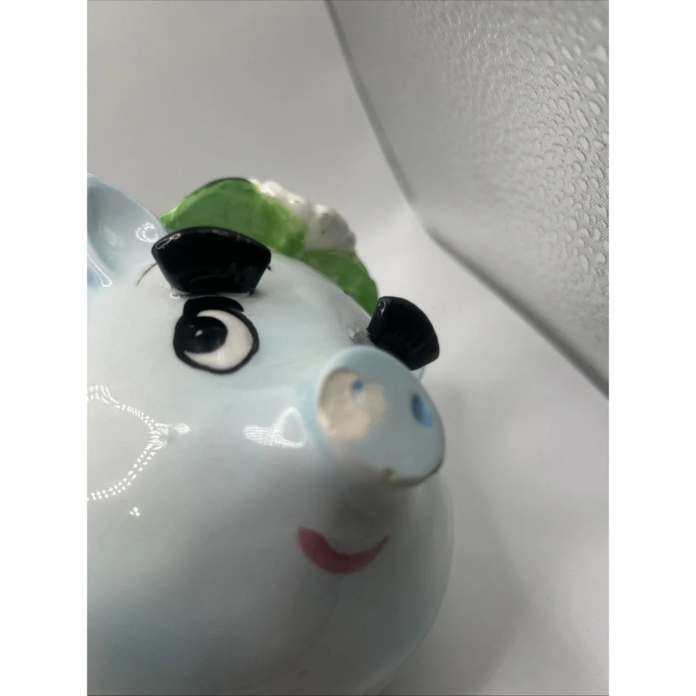 Ceramic Anthropomorphic Blue Piggy Bank Daisy Flower Long Eyelashes Vintage